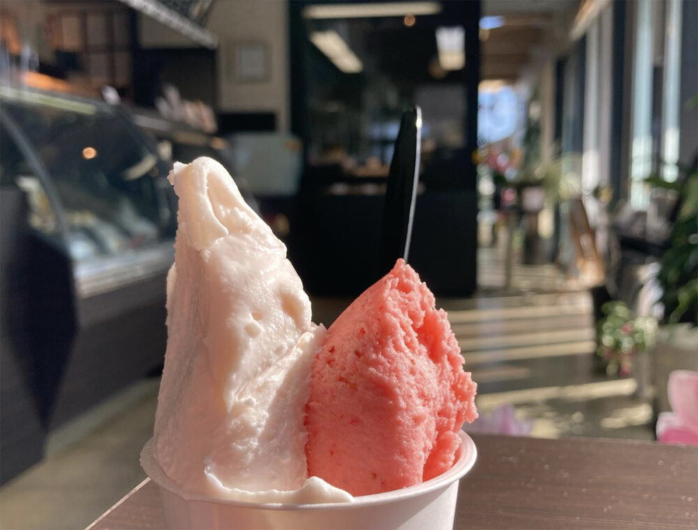 ミルク味・イチゴ味のジェラートとロイヤルファームアカマツの店内